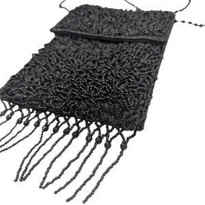 Kohls Small Black Beaded, Fringed, Crossbody Shoulder Purse Evening Bag.